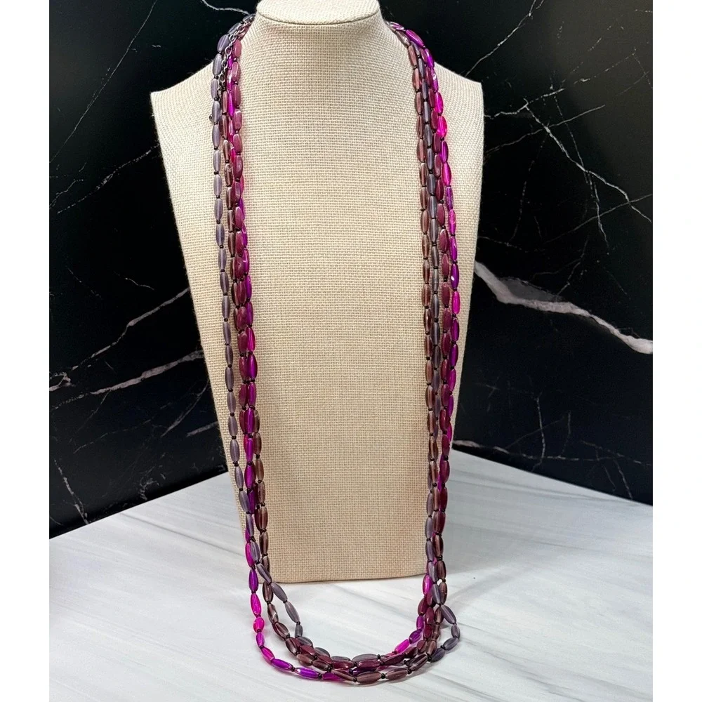Premier Designs Purple Beaded Four Strand Layered Necklace Gunmetal Tone Clasp